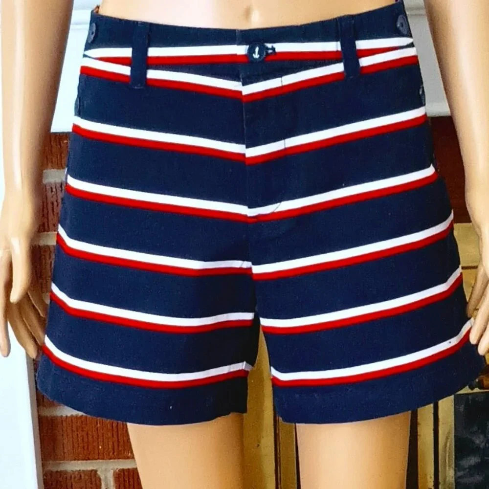 Tommy Hilfiger Striped Chino Shorts 10 Women's Red White Black Nautical